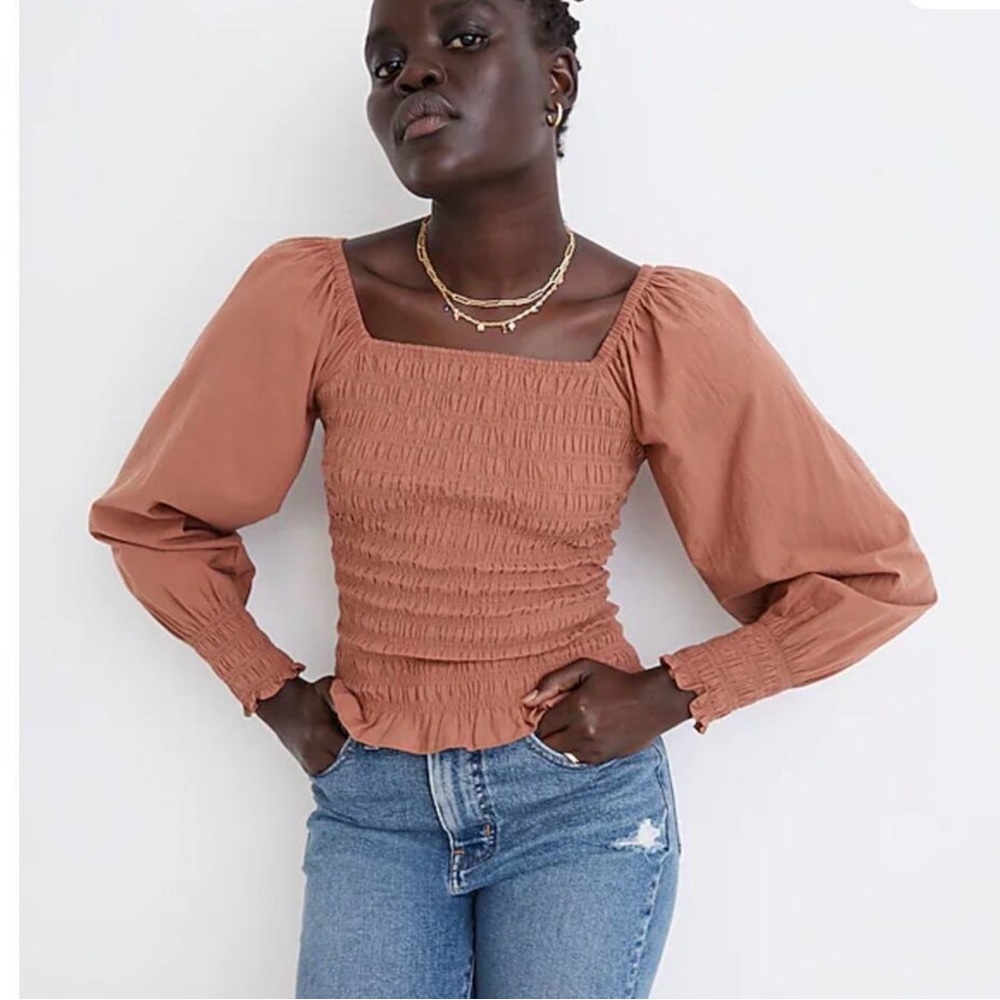 NWT Madewell Lucie Bubble-Sleeve Smocked Top Peasant Blouse Warm Umber Small